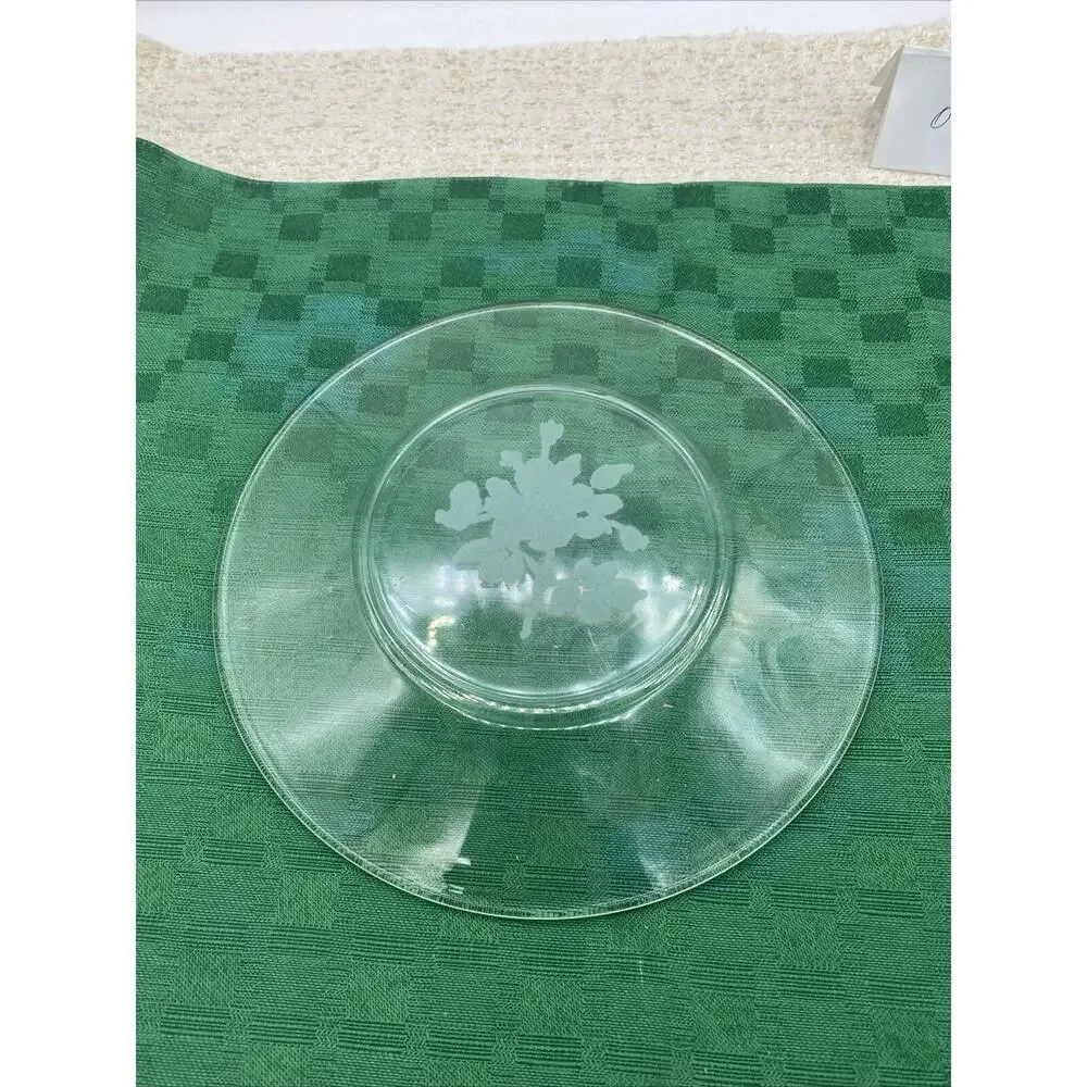8” Clear Glass Dessert Plate Etched Floral Design Bottom